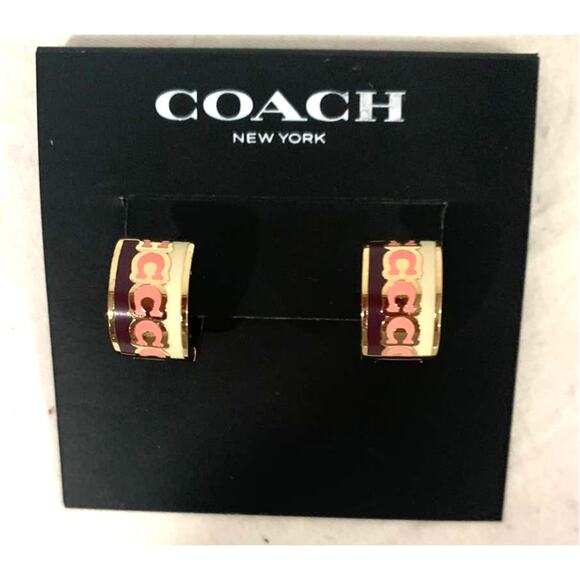 Coach Signature Enamel Chalk Multi Gold Hoop Earrings Gold Tome Size: 0.5'“ - Picture 1 of 3